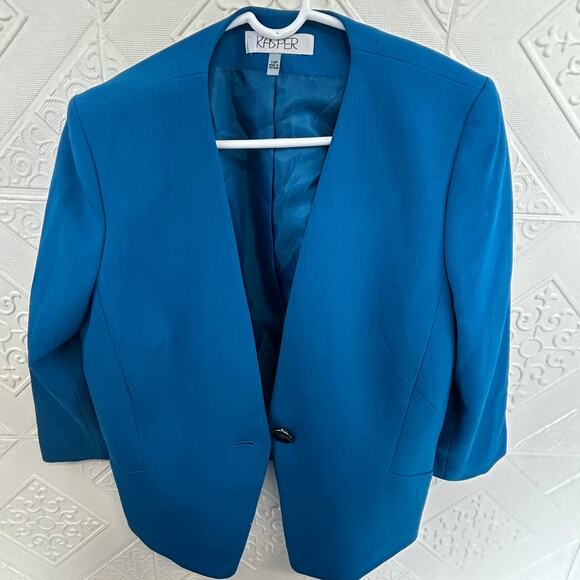 KASPER Size 14P Blue turquoise Skirt Suit Blazer Lined Jacket Vietnam - Picture 1 of 12